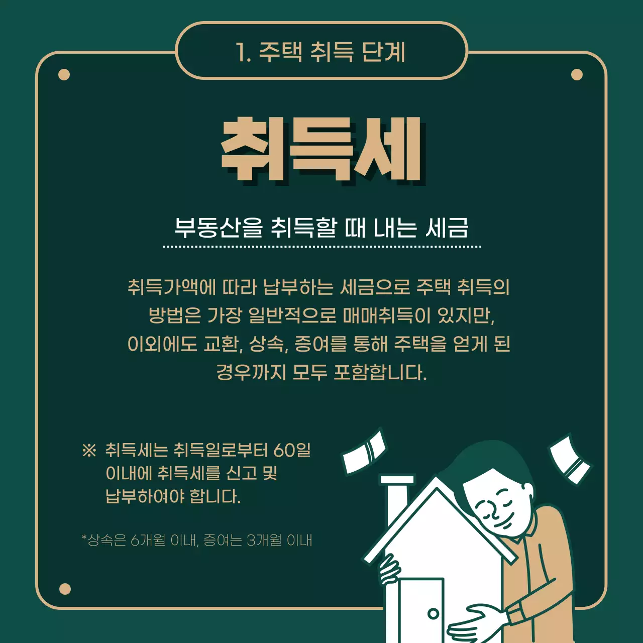 녹색(어두운)과 금색의 일러스트 강조의 부동산 세금 알아보기 정보제공 