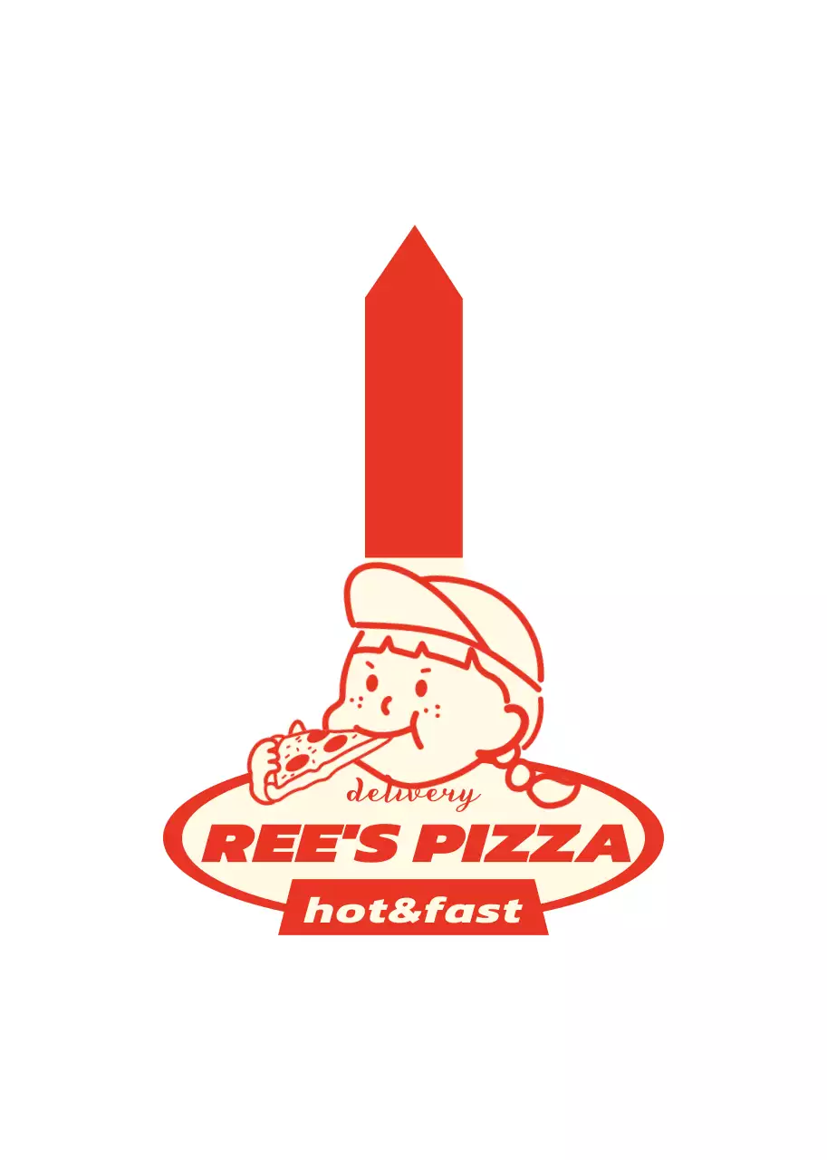 빨간색과 노란색의 귀여운 일러스트가 있는 피자가게 로고