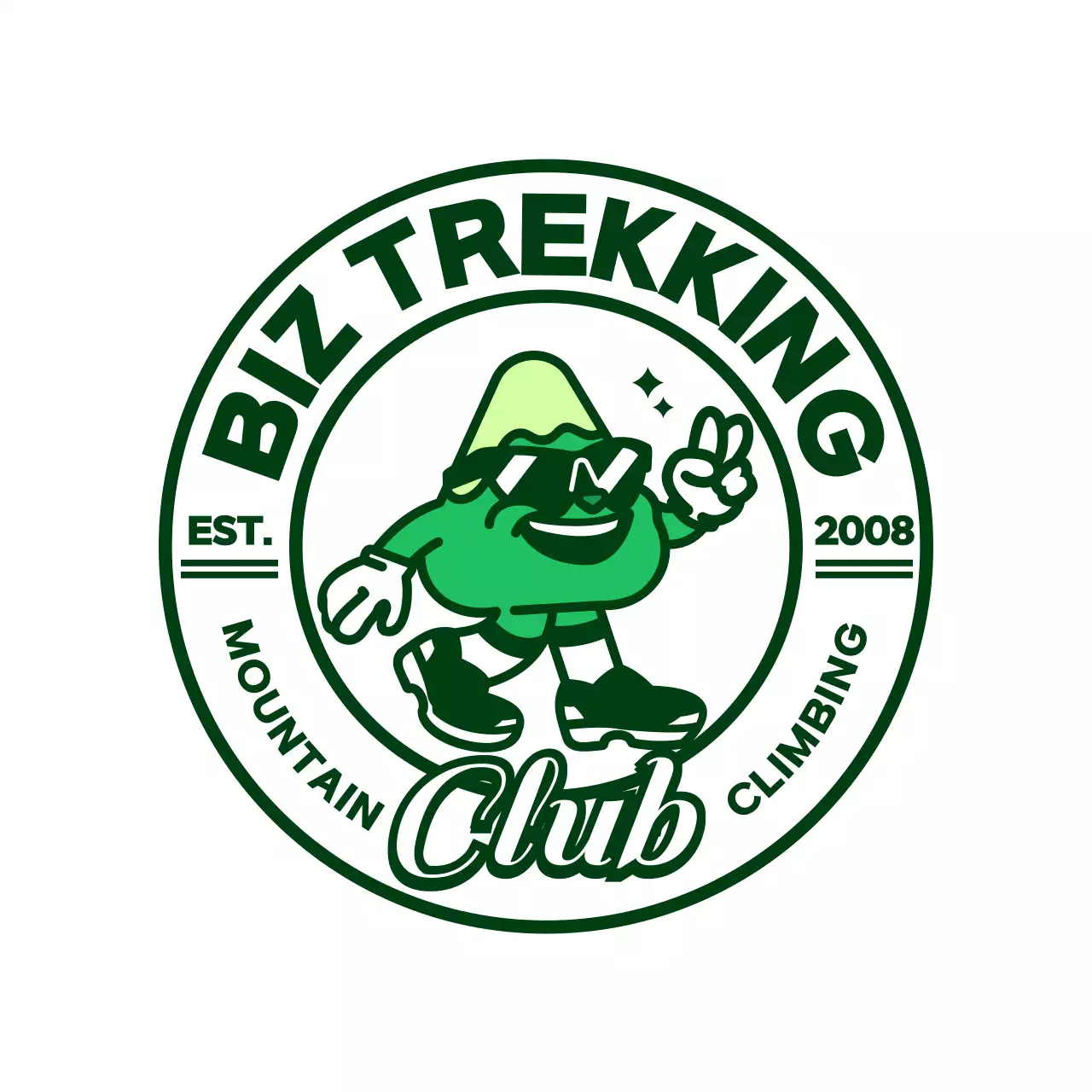 초록색과 하얀색의 귀엽고 힙한 산 캐릭터가 담긴 로고 스타일 동호회 선물용