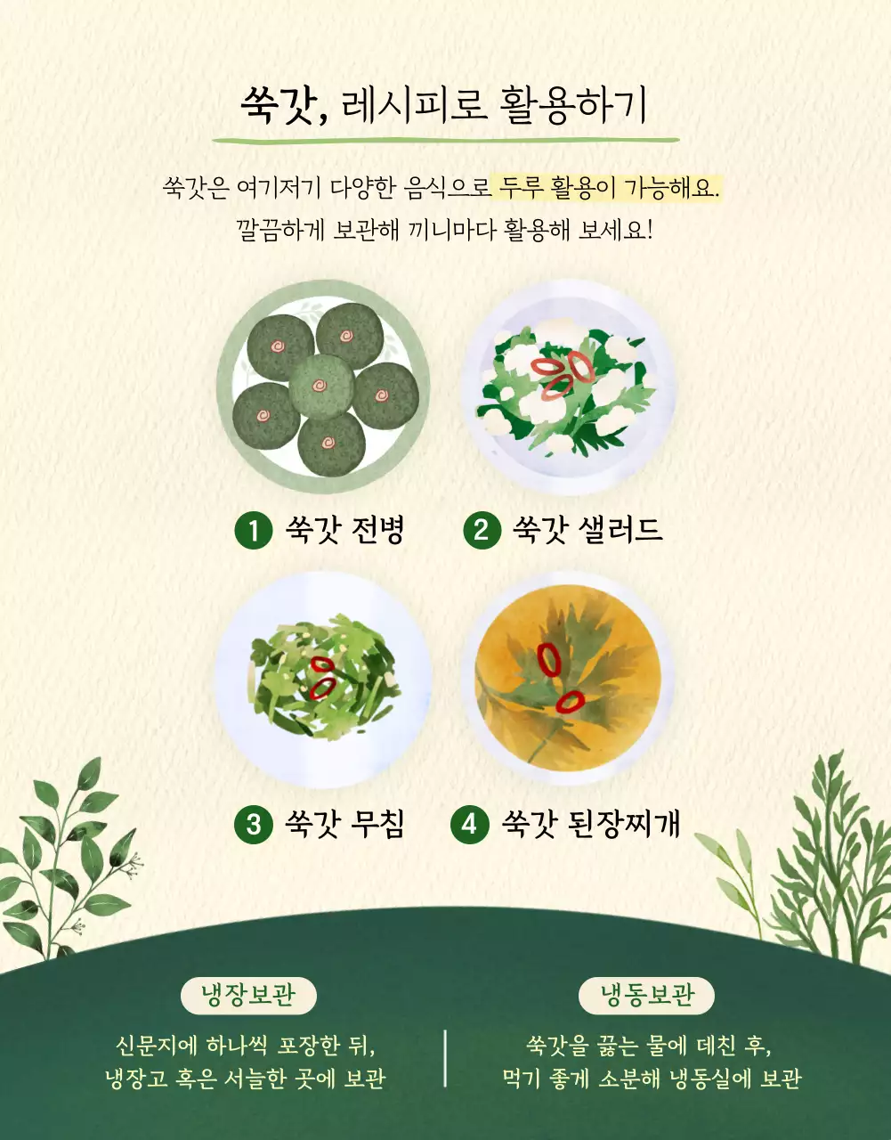 초록색과 베이지 배경의 수채화 일러스트가 있는 쑥갓 상세페이지