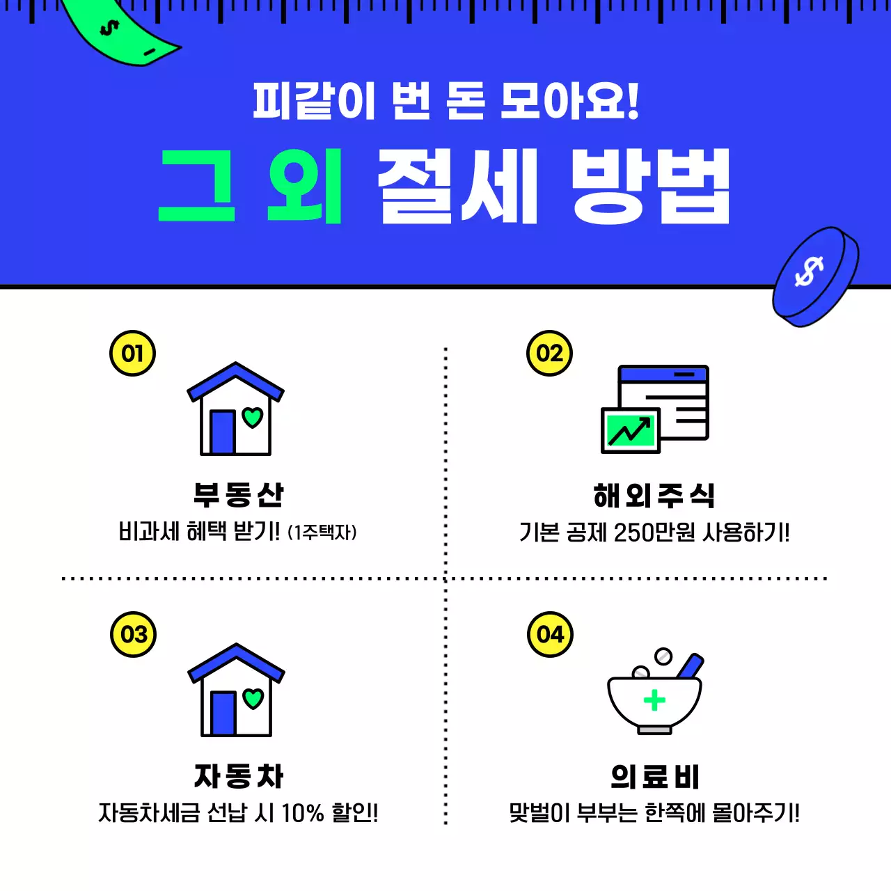 파란색과 연두색의 깔끔하고 아이디어있는 심플한 일러스트의 세금 절세 제테크 기초 세무상식