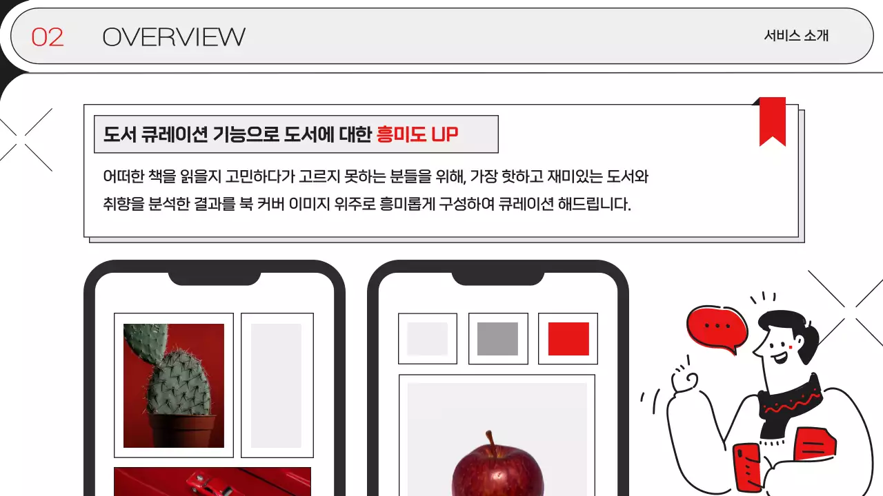 빨강과 흰색의 미니멀한 도서 앱 서비스 제안서