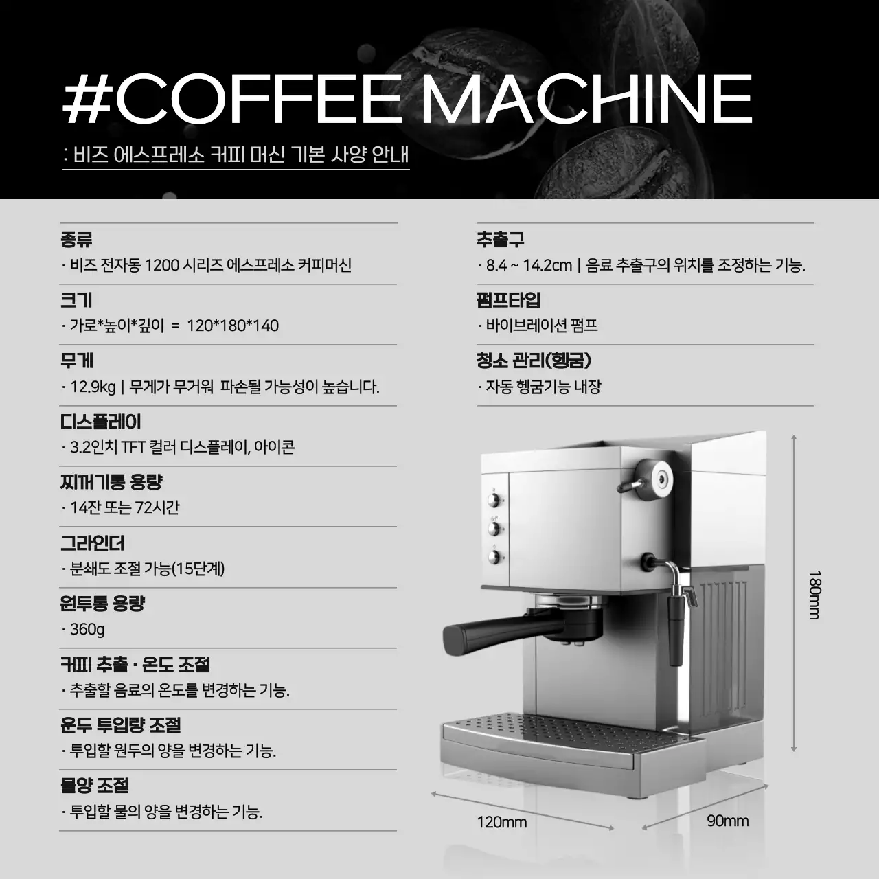 검정색과 하얀색의 힙하고 깔끔한 사진 프레임 스타일 커피머신 정보 안내 및 홍보 