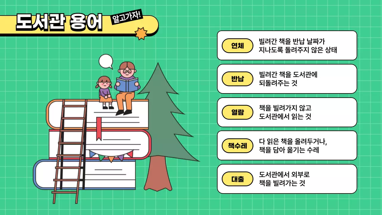 초록색과 노란색 귀여운 깔끔한 그리드의 도서관 교육용 메뉴얼