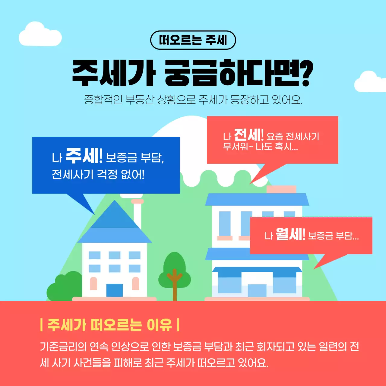 하늘색과 빨간색의 친근한 일러스트 주세임대 설명