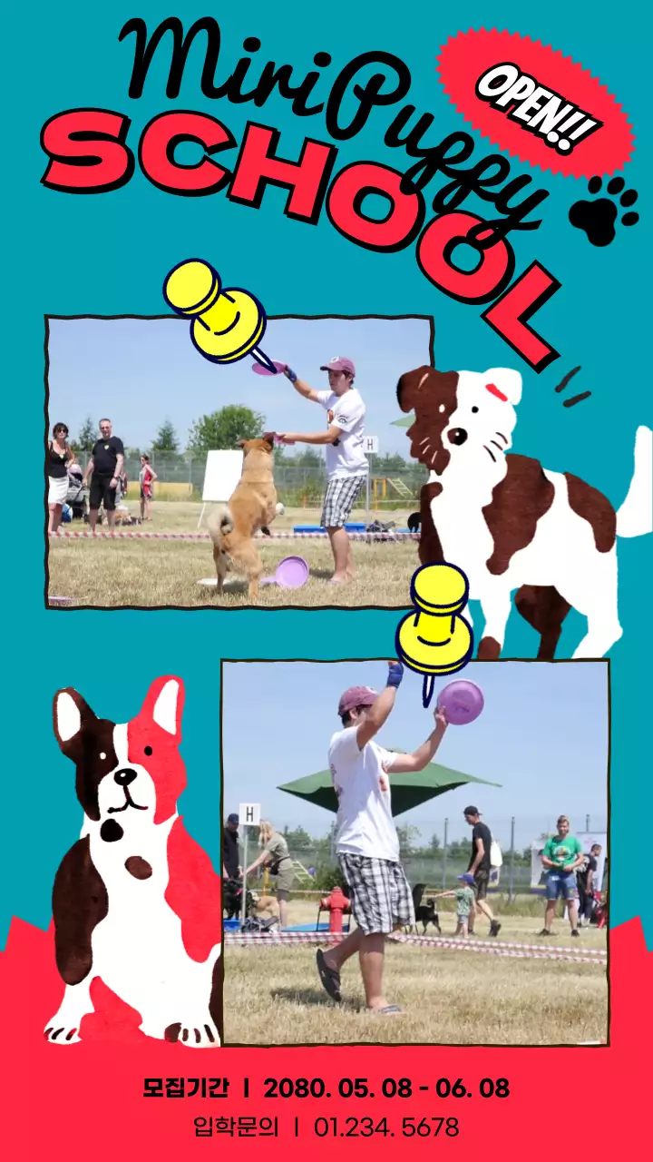 빨간색의 강아지 일러스트가있는 강아지 훈련학교 오픈 홍보