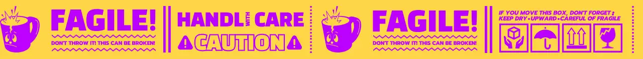 노란색과 보라색의 깨지는 컵 캐릭터가 있는 배송 중 경고 디자인