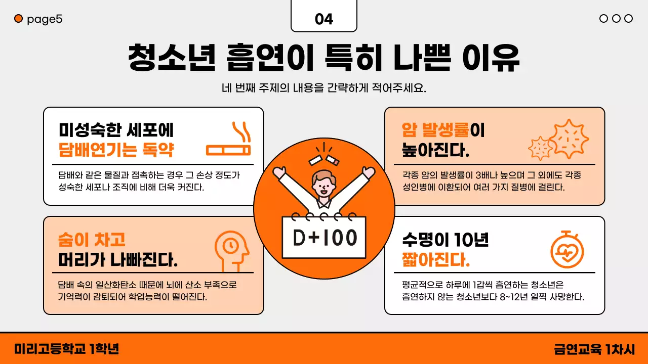 주황색과 검은색의 심플한 청소년 금연 교육