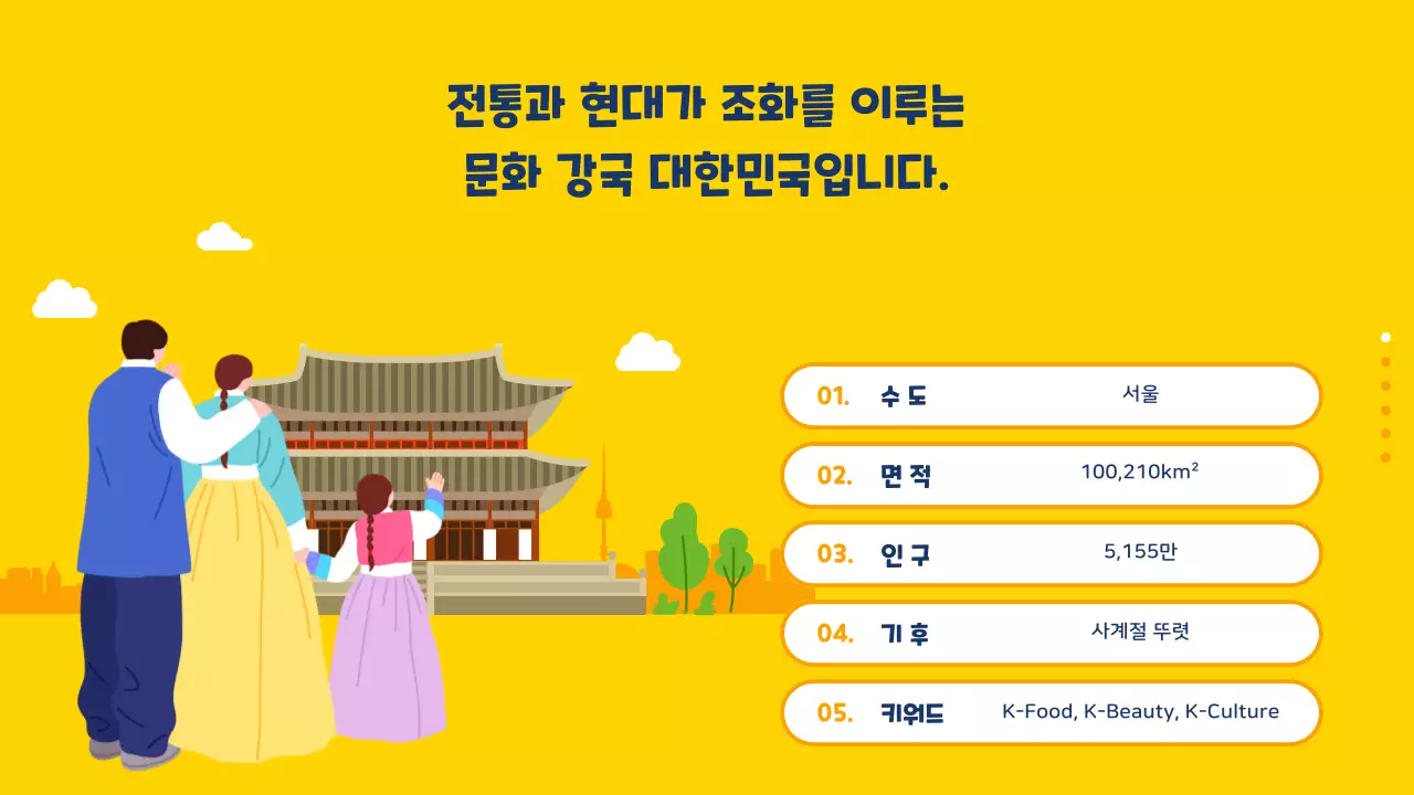 노란색과 파란색의 일러스트 강조 한국 여행 안내