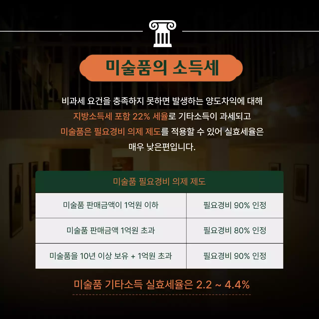 주황색과 녹색의 고급스러운 느낌의 아트테크 미술품 투자와 세금 정보제공