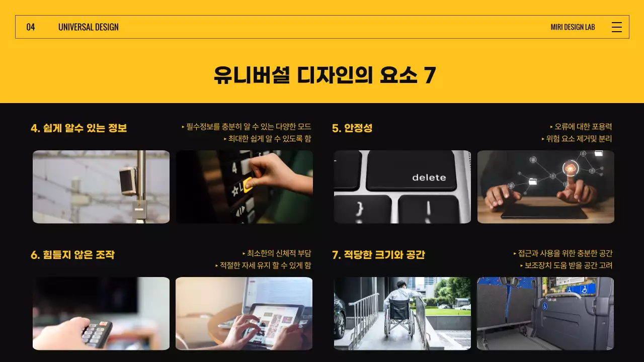 검은색과 노란색 컬러풀한 표정있는 도형의 유니버설디자인  소개