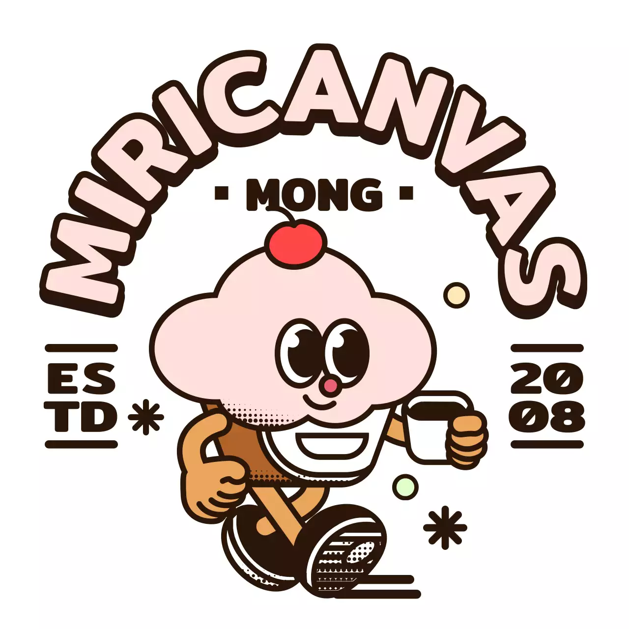 분홍색과 갈색의 둥글고 귀여운 컵케이크 캐릭터 로고 스타일 카페용