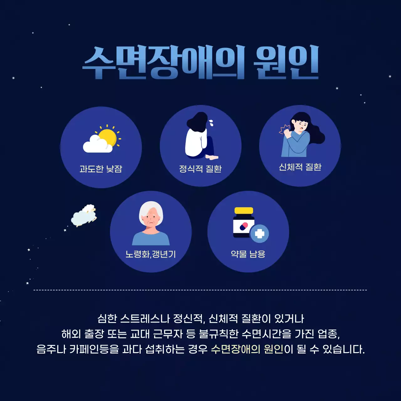 남색과 보라색의 어둡고 몽환적인 밤의 불청객 수면장애 불면증 진단