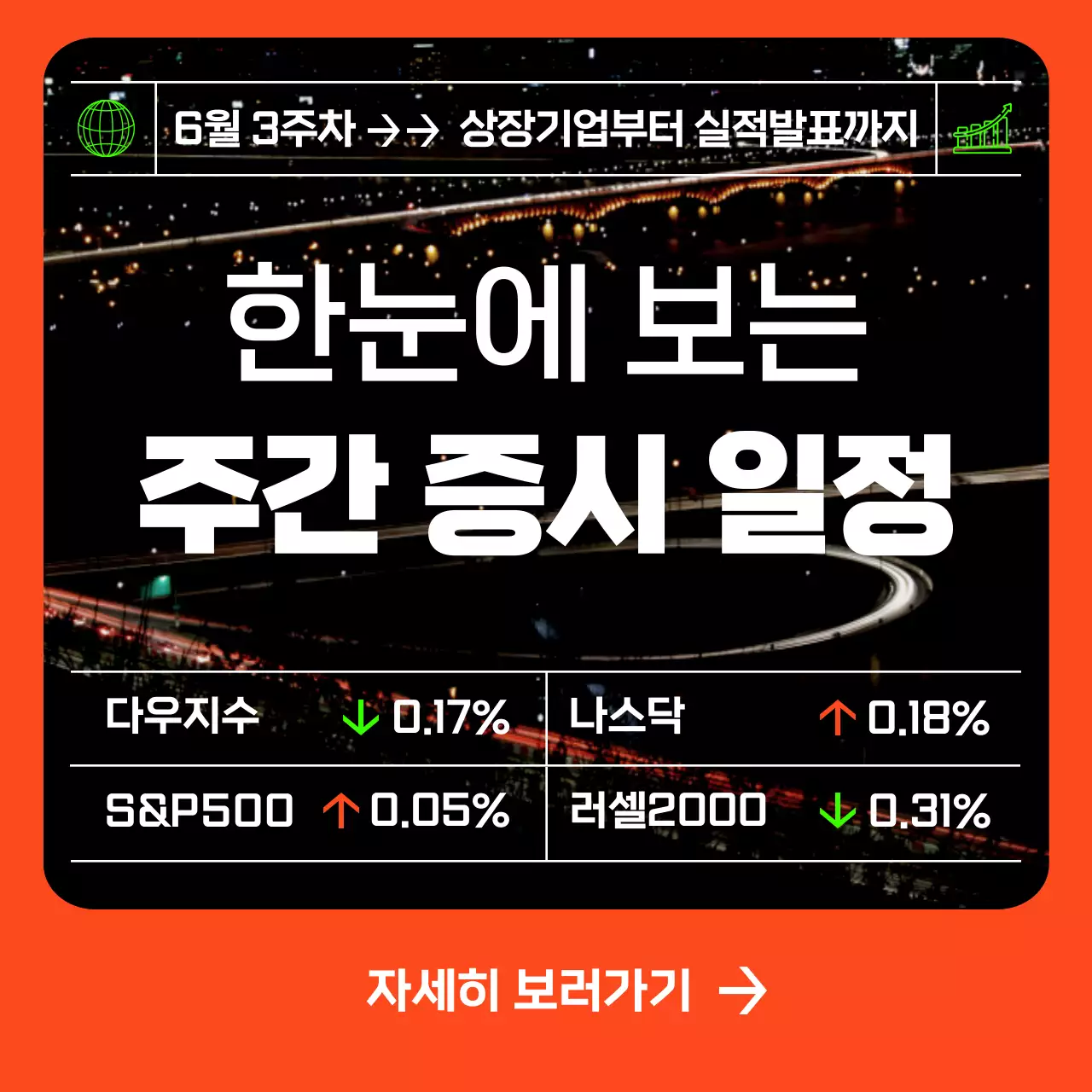 주황색과 흰색을 메인으로 한 심플한 주간 증시 일정