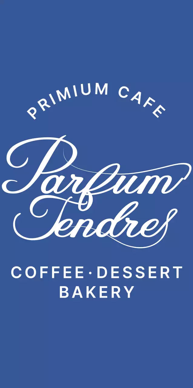 파란색과 흰색의 고급스러운 필기체 디자인의 카페 굿즈