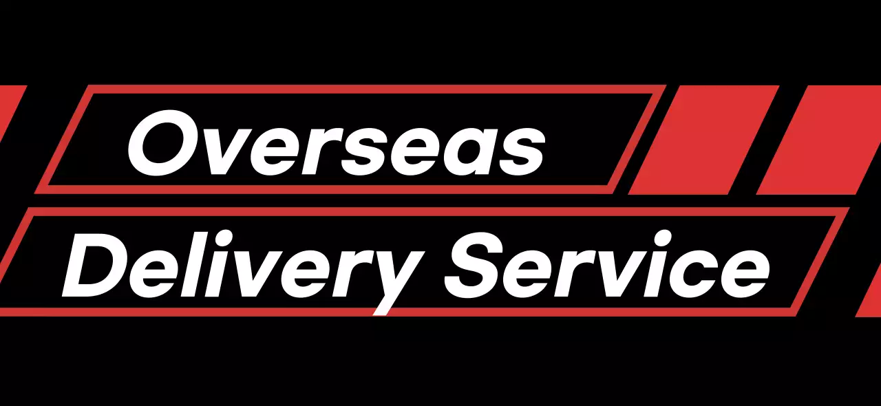 검정색과 빨간색의 사선 직사각형이 있는 해외 배송 서비스 홍보용