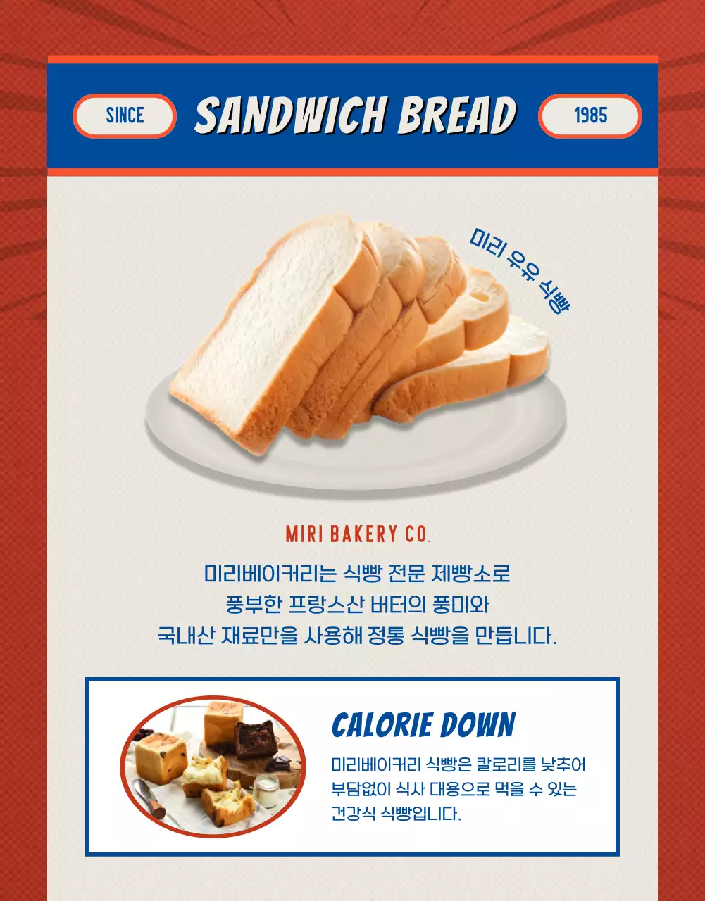 빨간색과 파란색의 빈티지한 식빵 소개