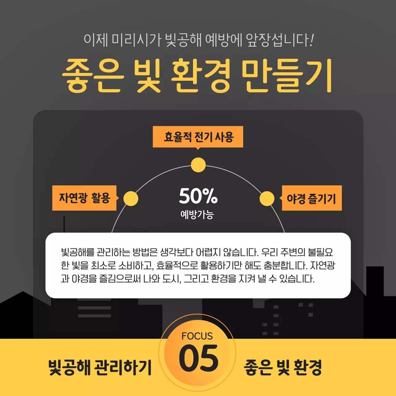 블랙 앤 옐로우 포인트 컬러의 깔끔하고 상세한 빛공해 예방 캠페인 안내