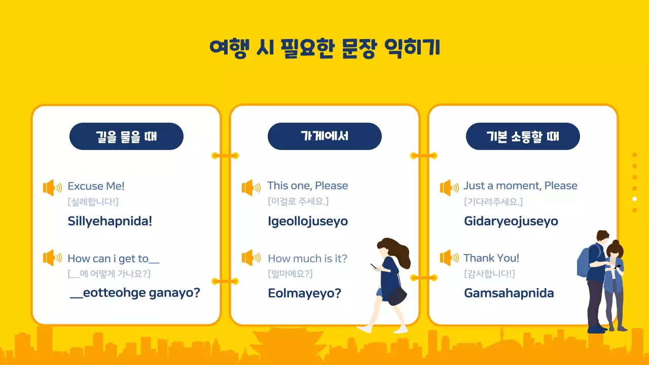 노란색과 파란색의 일러스트 강조 한국 여행 안내