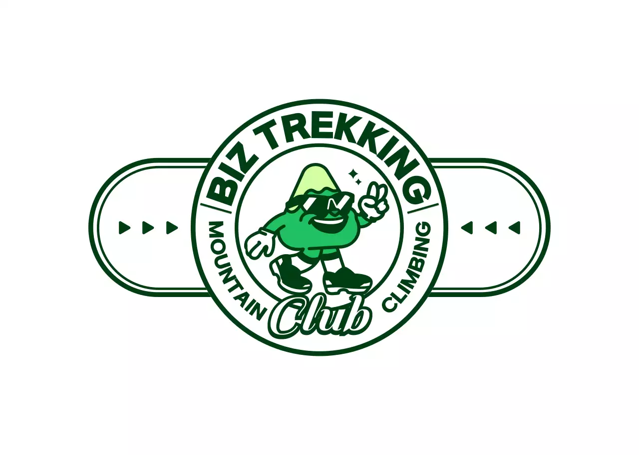 초록색과 하얀색의 귀엽고 힙한 산 캐릭터가 담긴 로고 스타일 동호회 선물용 