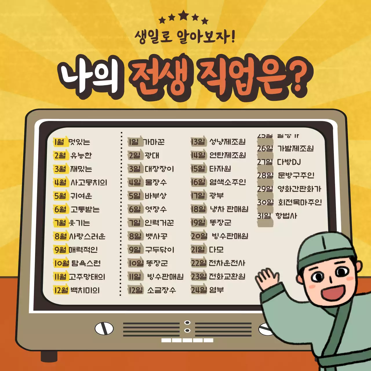 노란색 빈티지컨셉의 생일로 알아보는 전생 직업