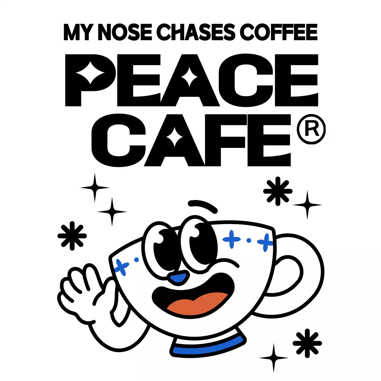 검정색과 파란색의 귀엽고 힙한 커피잔 캐릭터와 텍스트 조합 로고 스타일 카페 홍보 및 판촉용 