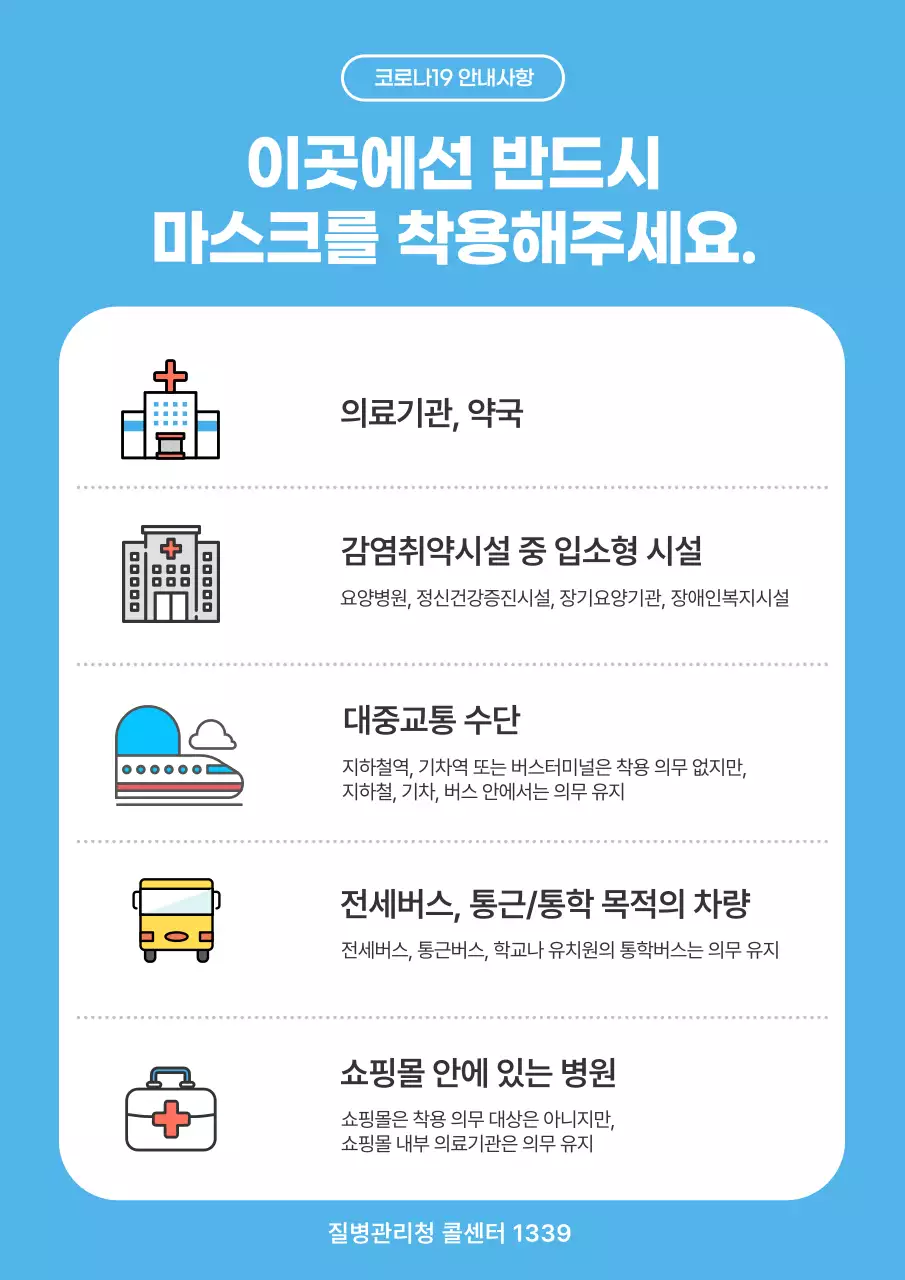 하늘색 마스크 심플한 코로나19 공지