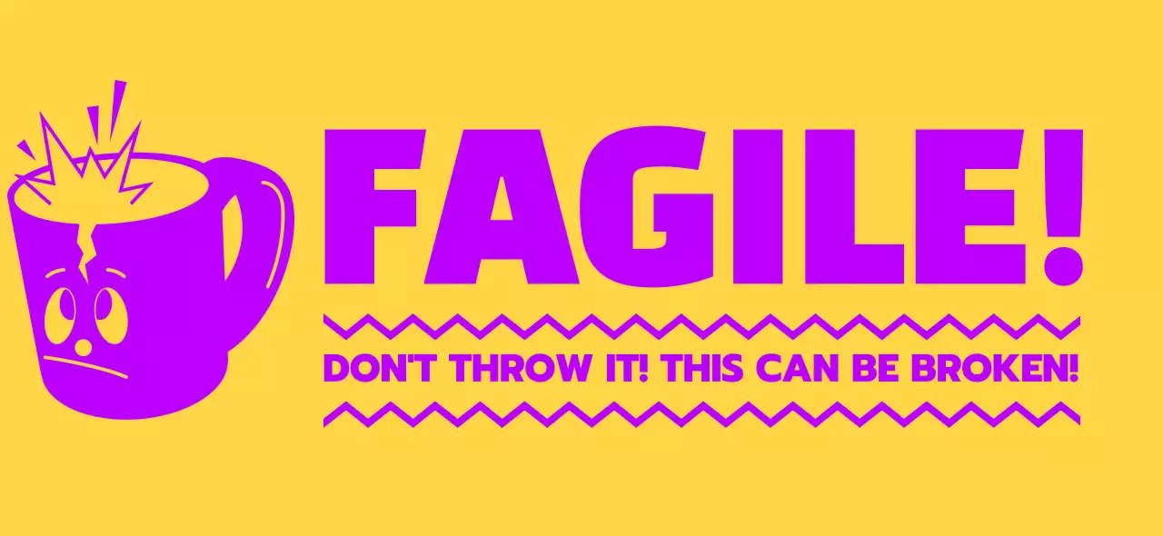 노란색과 보라색의 깨지는 컵 캐릭터가 있는 배송 중 경고 디자인