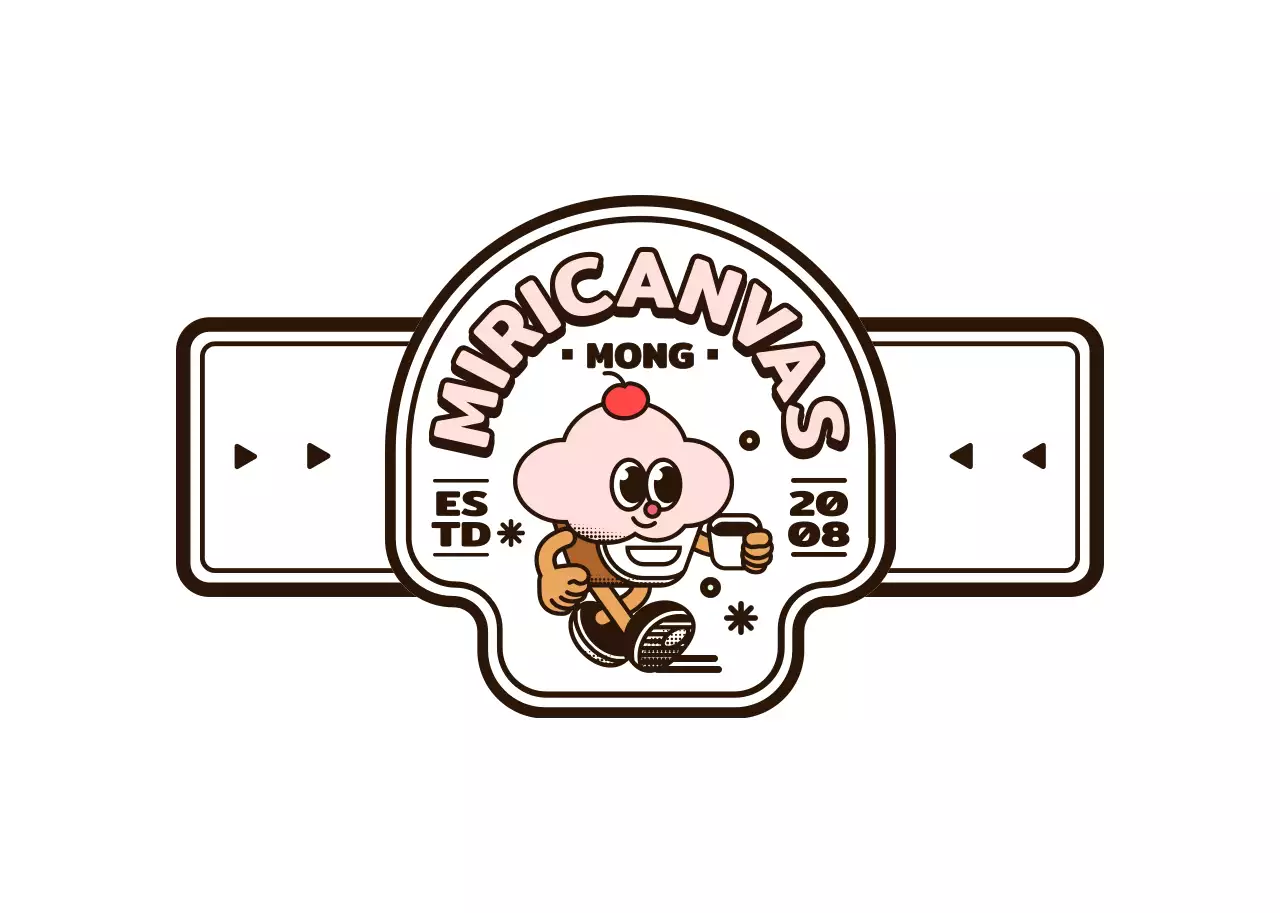 분홍색과 갈색의 둥글고 귀여운 컵케이크 캐릭터 로고 스타일 카페용 