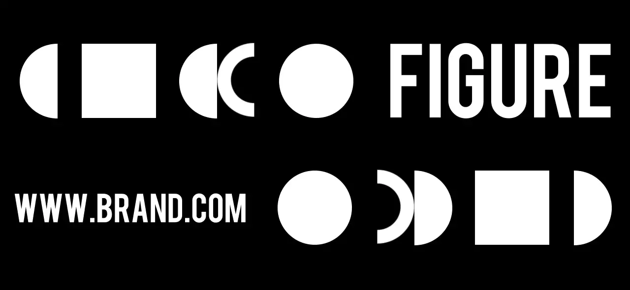 검정색과 흰색의 단순한 도형 일러스트와 브랜드 로고가 있는 디자인