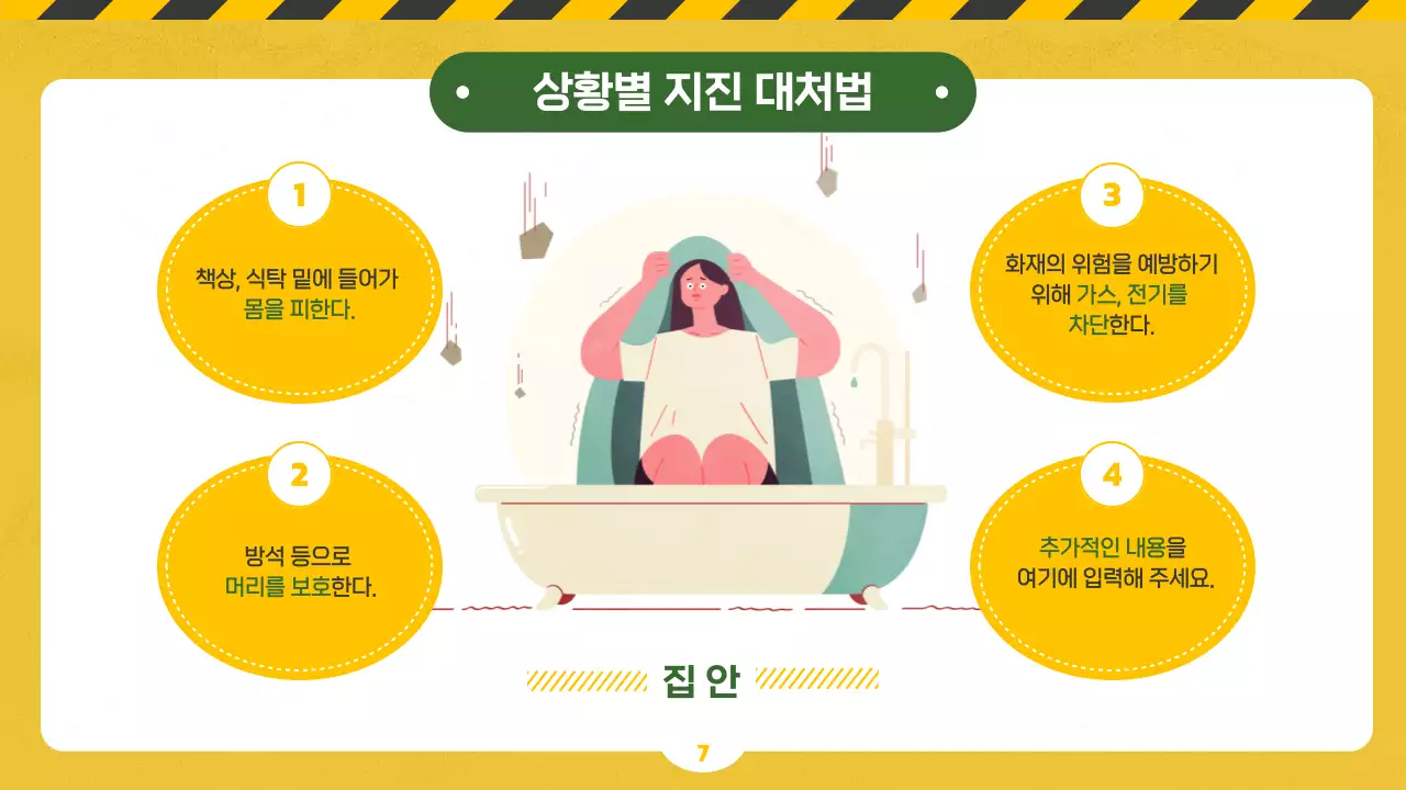 노랑과 초록 칠판 컨셉에 일러스트를 이용한 지진 및 재난 대비 안전 교육