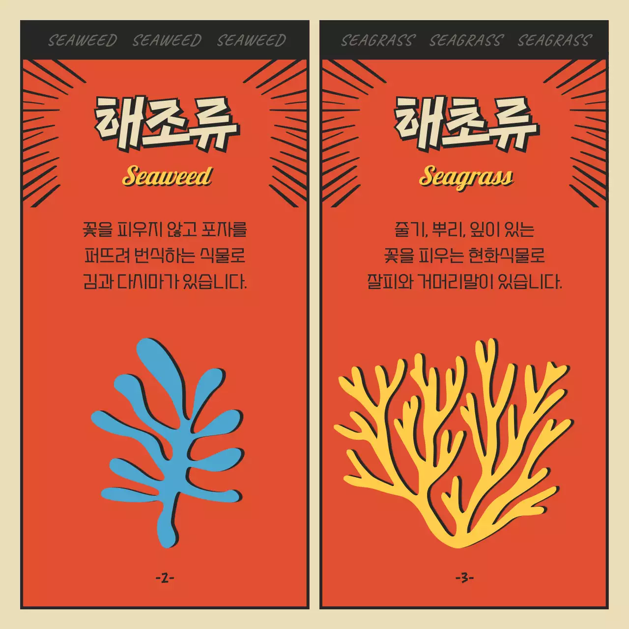 빨간색과 검정색의 만화 컨셉 바다숲과 해조류