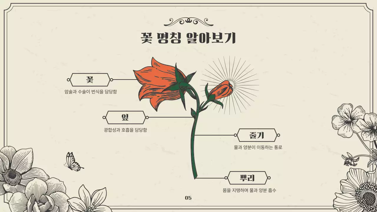 녹색과 베이지의 빈티지한 봄꽃 소개