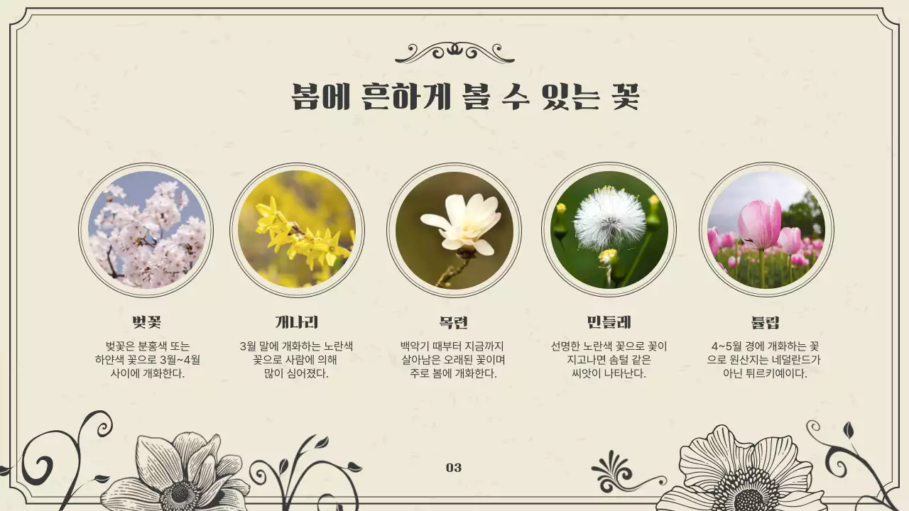 녹색과 베이지의 빈티지한 봄꽃 소개