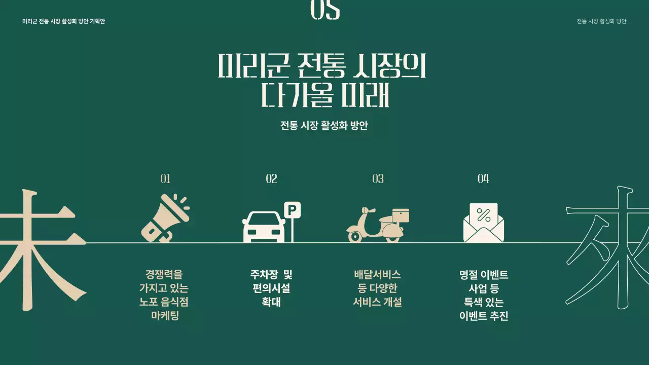 녹색과 베이지색의 오브제와 타이포를 활용한 전통시장 활성화 방안 기획안