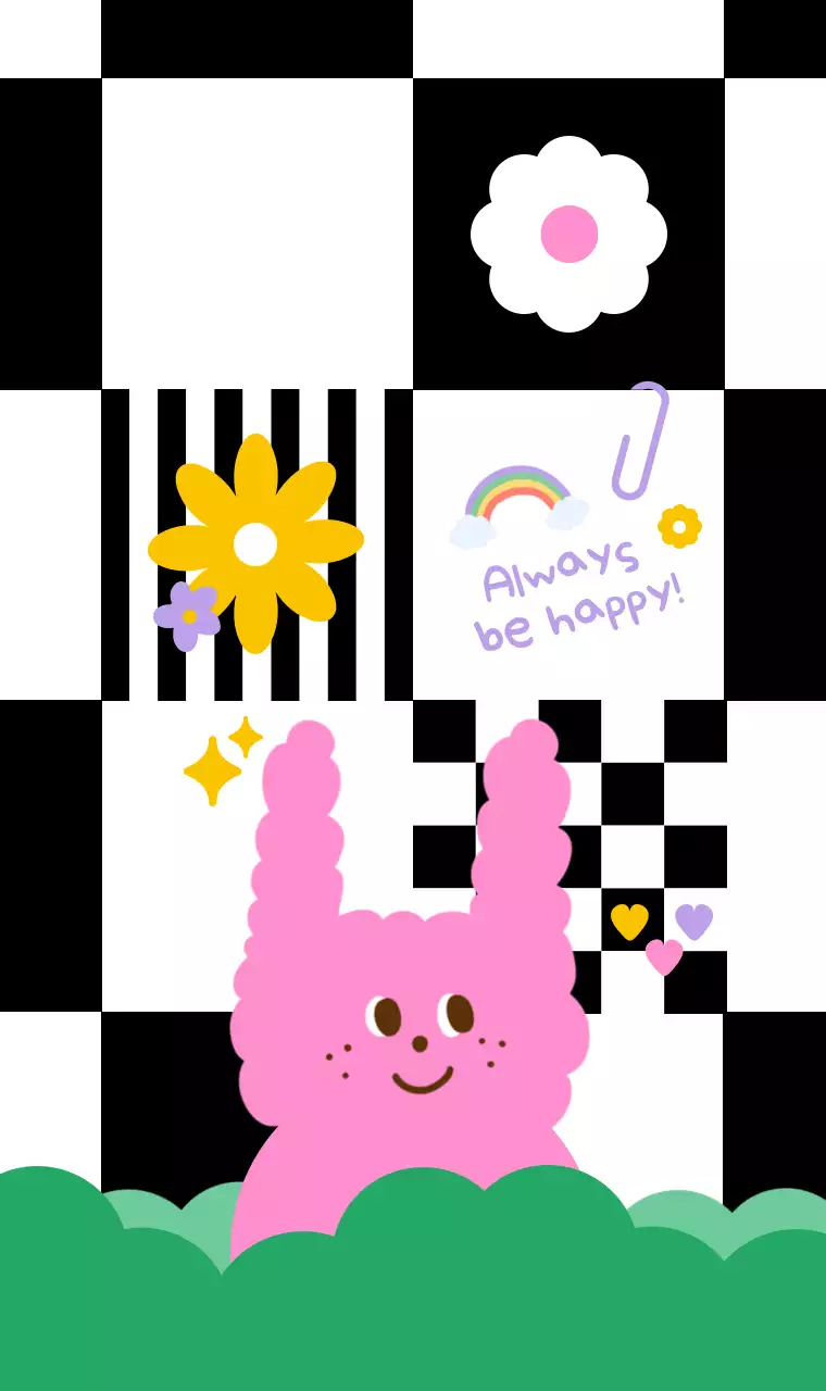 타일 배경의 귀여운 숲 속 분홍색 토끼와 꽃 일러스트