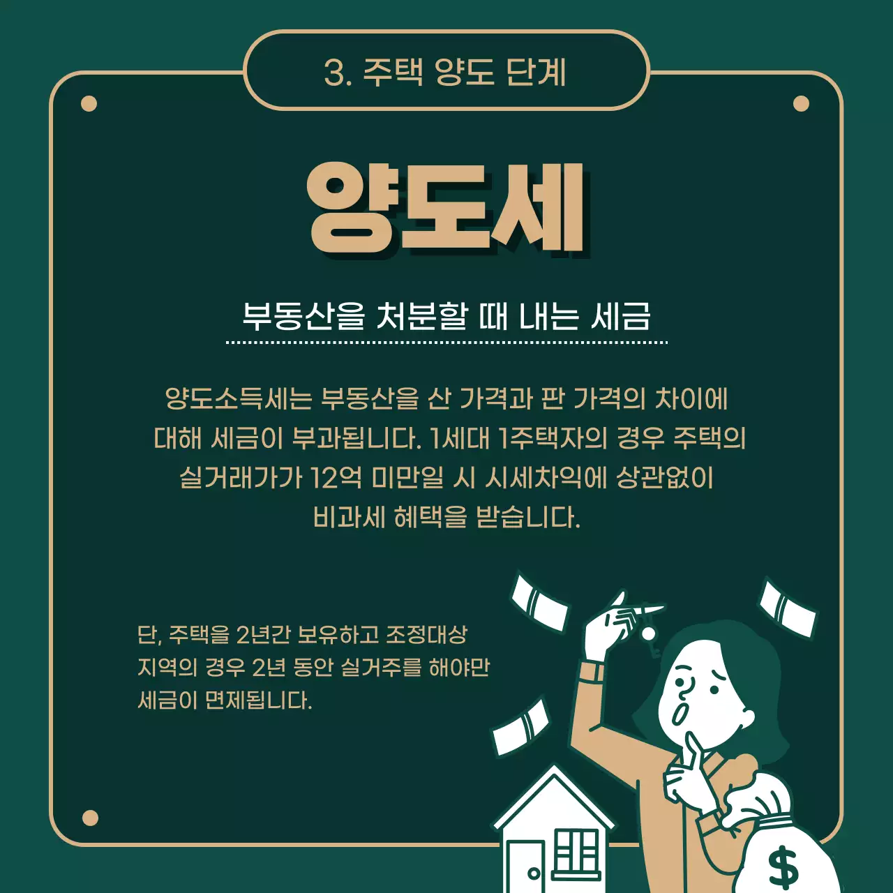 녹색(어두운)과 금색의 일러스트 강조의 부동산 세금 알아보기 정보제공 