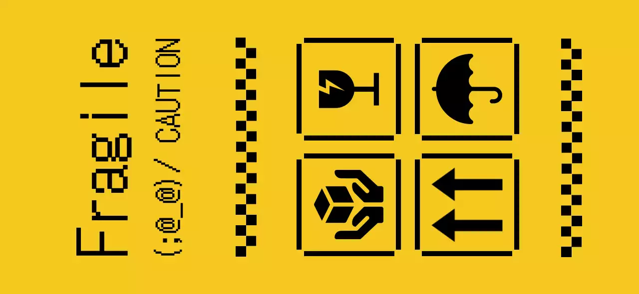 노란색과 검정색의 픽셀 컨셉의 배송 안내 및 경고