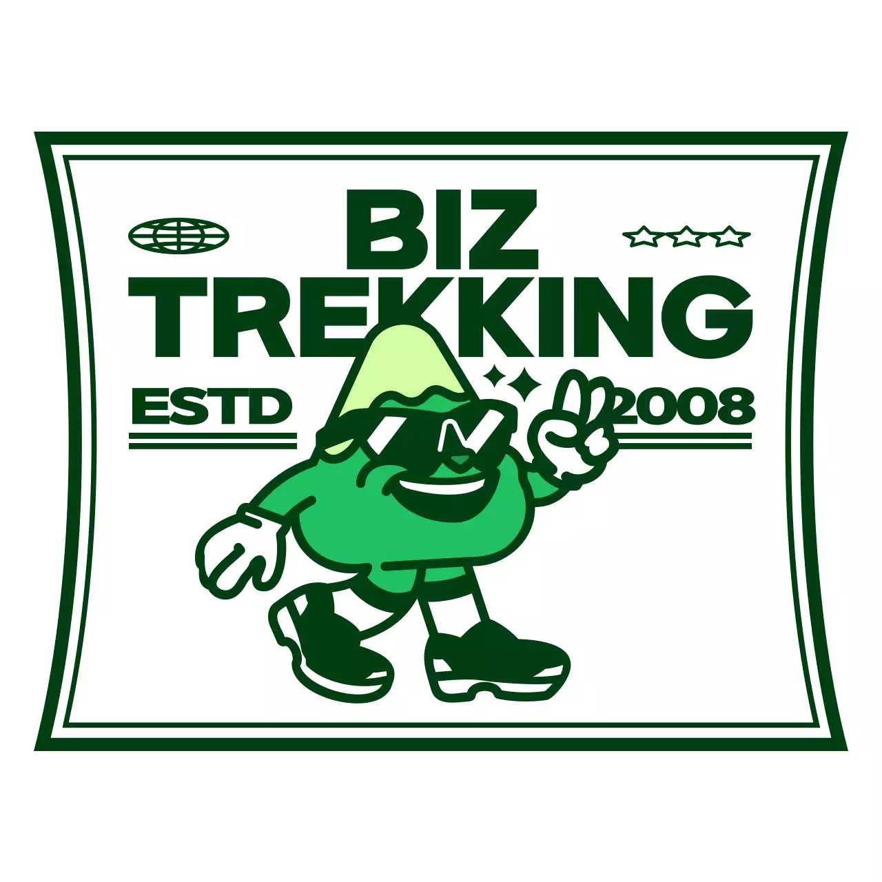 초록색과 하얀색의 귀엽고 힙한 산 캐릭터가 담긴 로고 스타일 동호회 선물용