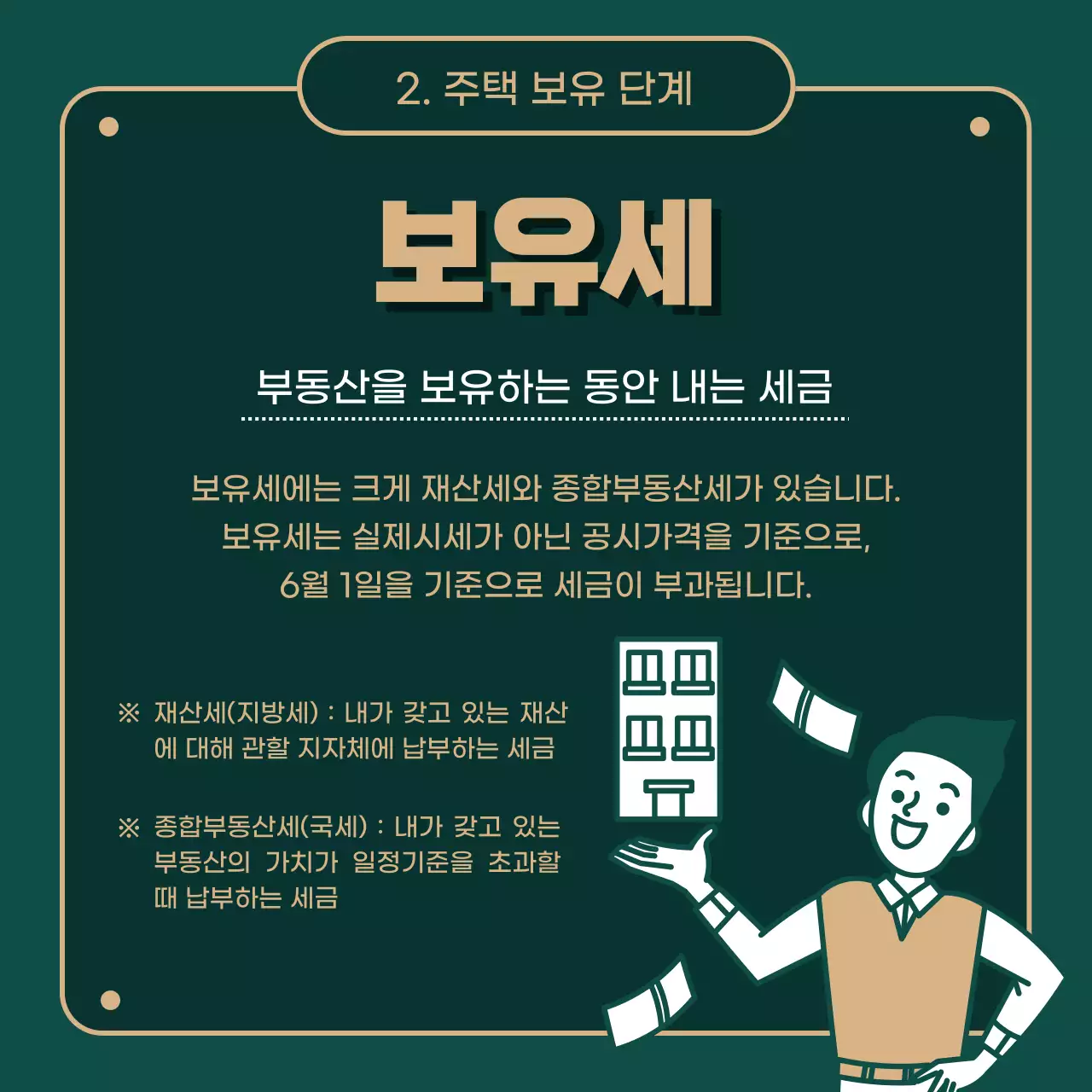 녹색(어두운)과 금색의 일러스트 강조의 부동산 세금 알아보기 정보제공 