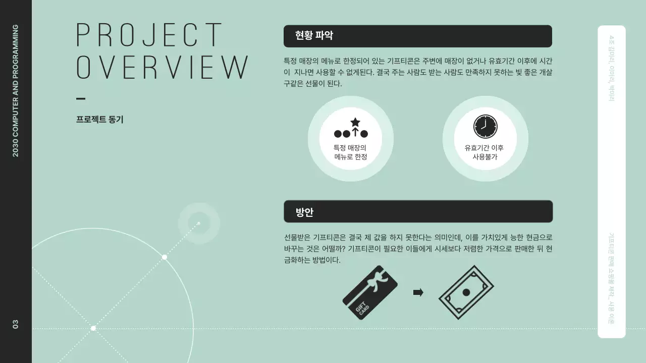검정과 민트색상의 그래픽을 활용한 깔끔한 프로젝트 개요 발표