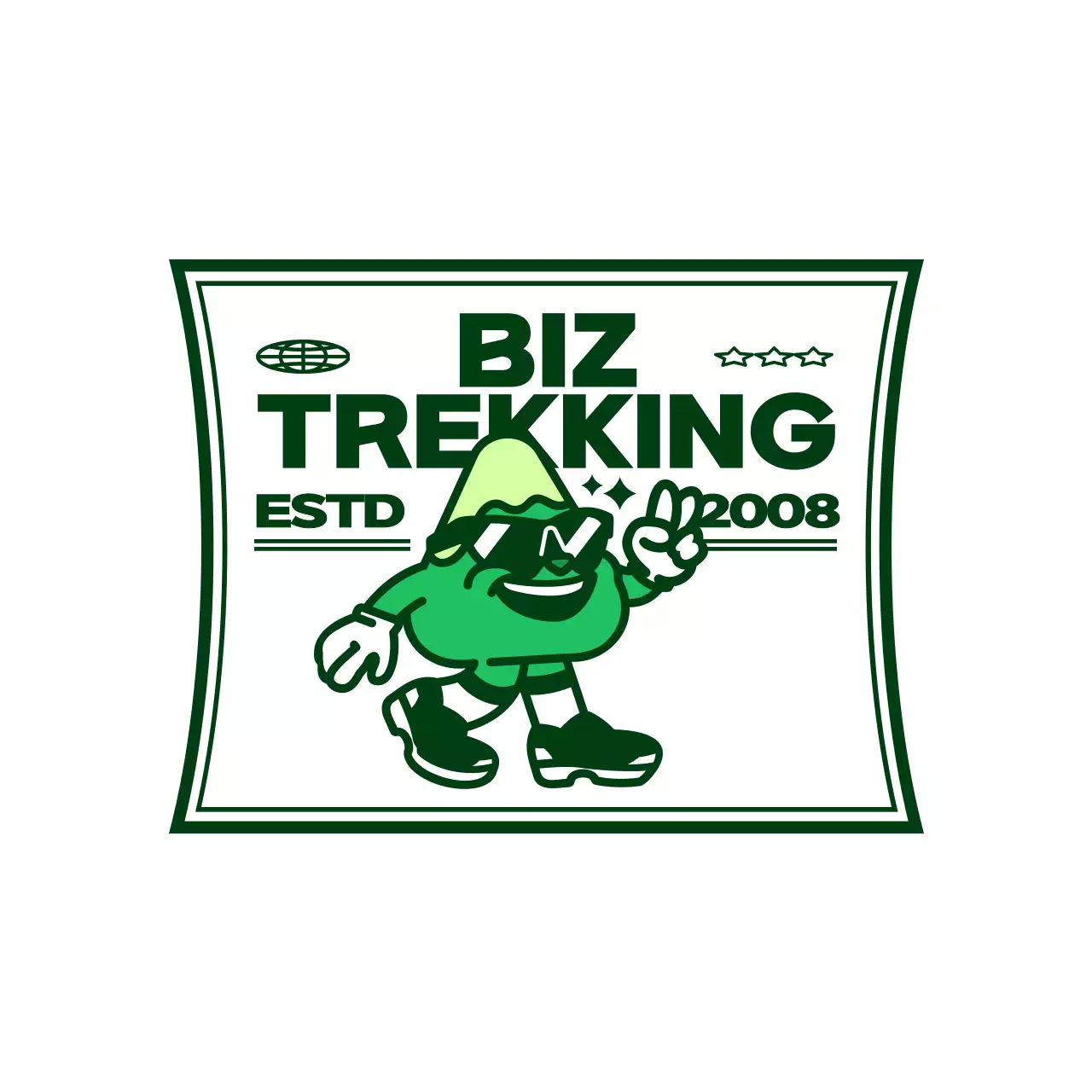 초록색과 하얀색의 귀엽고 힙한 산 캐릭터가 담긴 로고 스타일 동호회 선물용