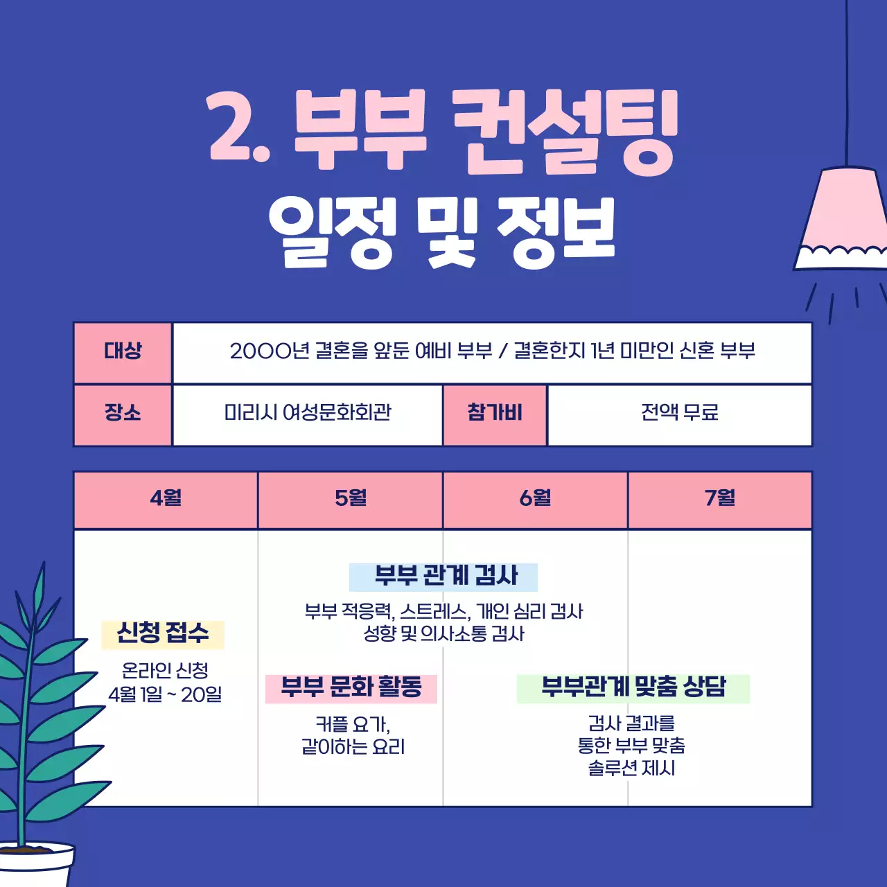 핑크색과 네이비의 단순하고 심플하고 귀여운 일러스트의 가정의 달 부부의 날 신혼 부부 결혼 의료 심리 정신과 컨설팅 프로그램