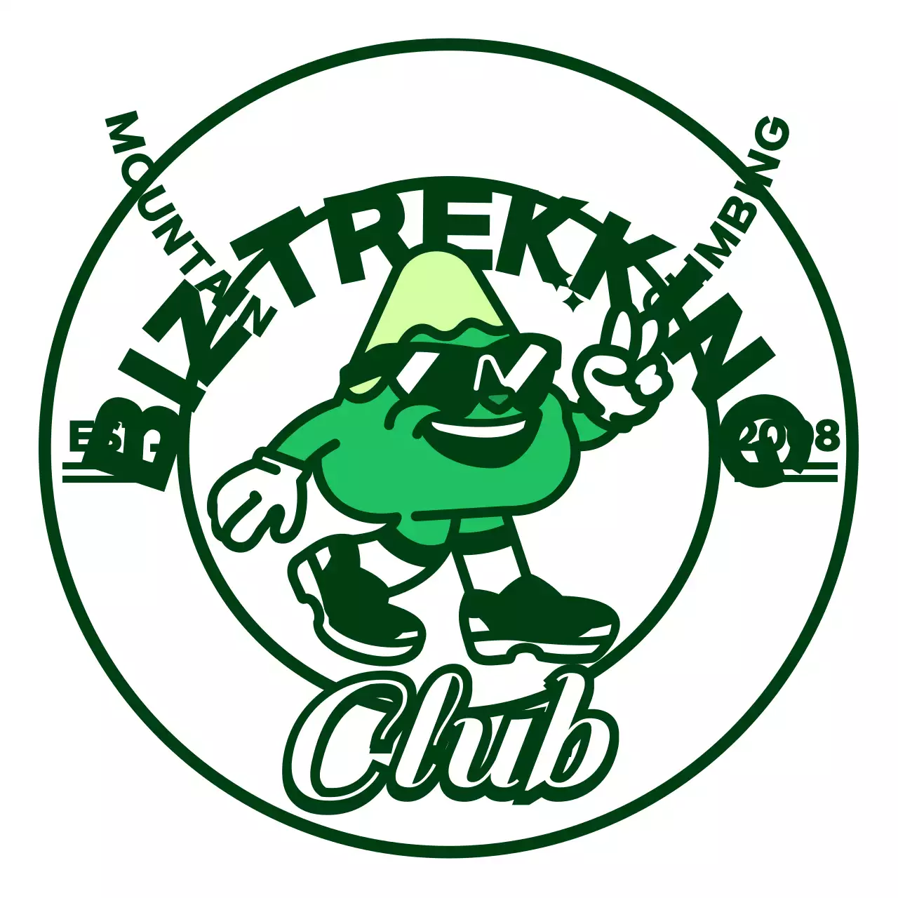 초록색과 하얀색의 귀엽고 힙한 산 캐릭터가 담긴 로고 스타일 동호회 선물용