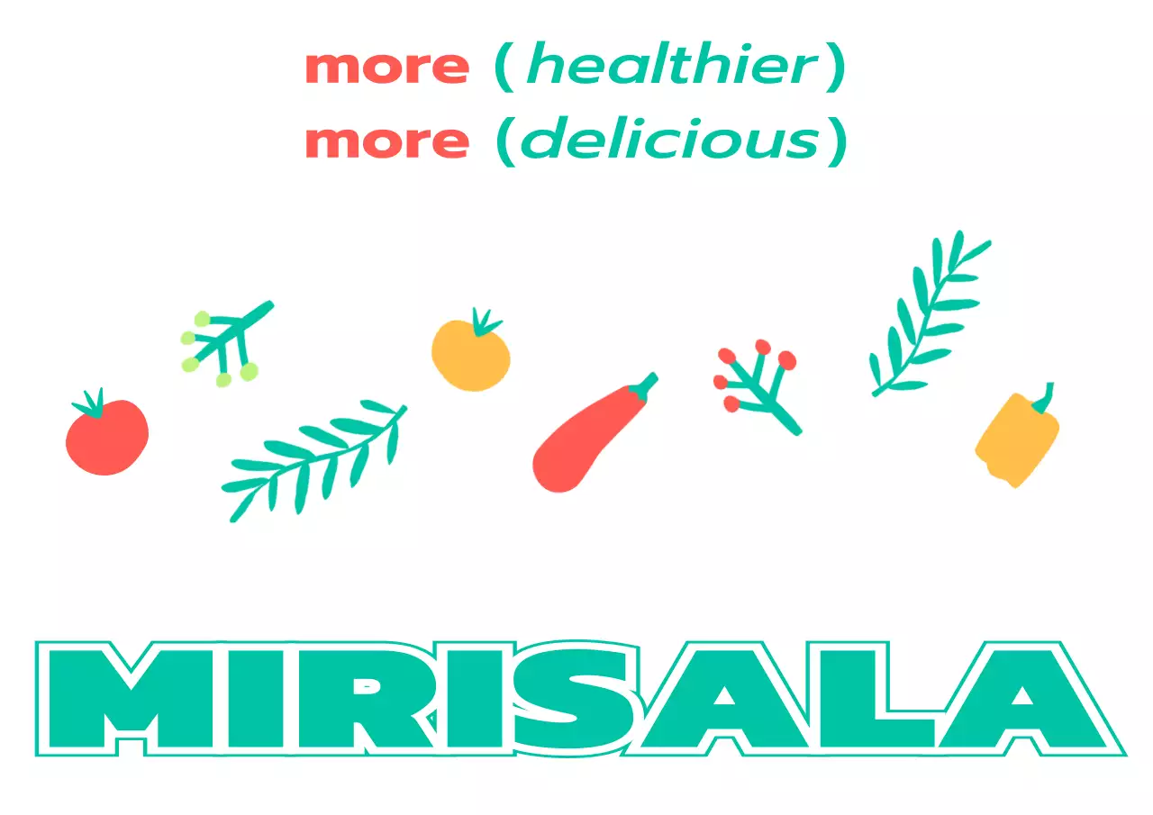 청록색과 빨간색의 단순한 야채와 식물의 일러스트가 있는 샐러드 가게 홍보용