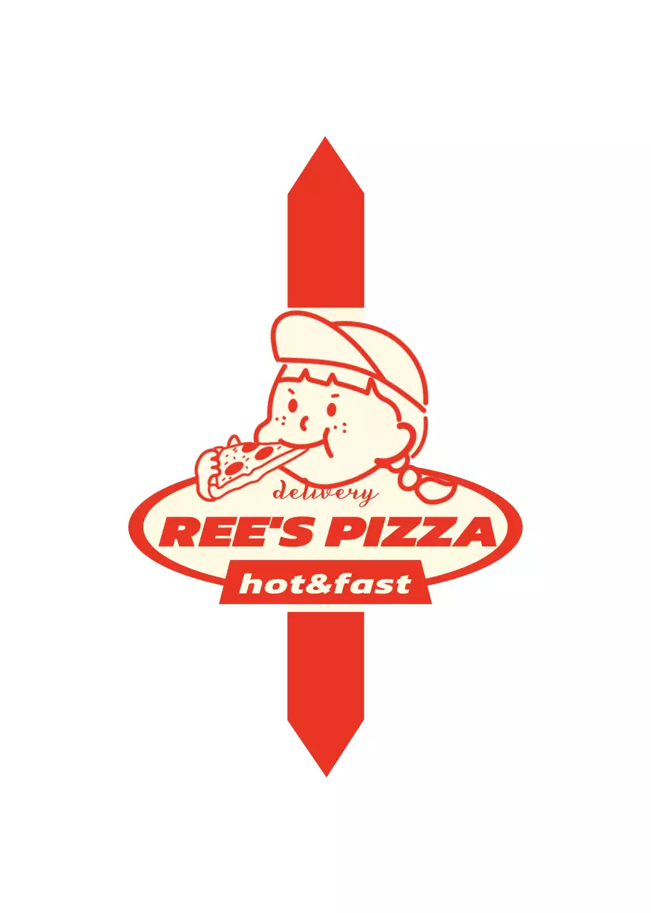 빨간색과 노란색의 귀여운 일러스트가 있는 피자가게 로고