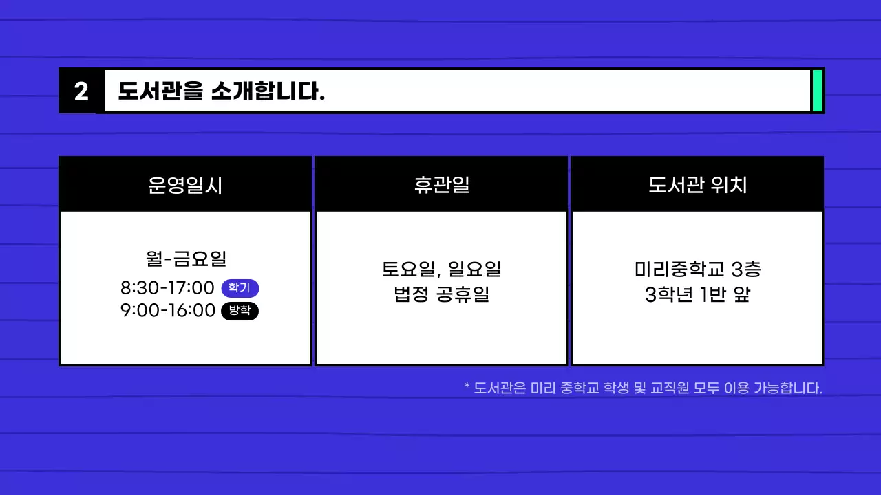 파란색과 민트색의 중학교 도서관 이용 가이드