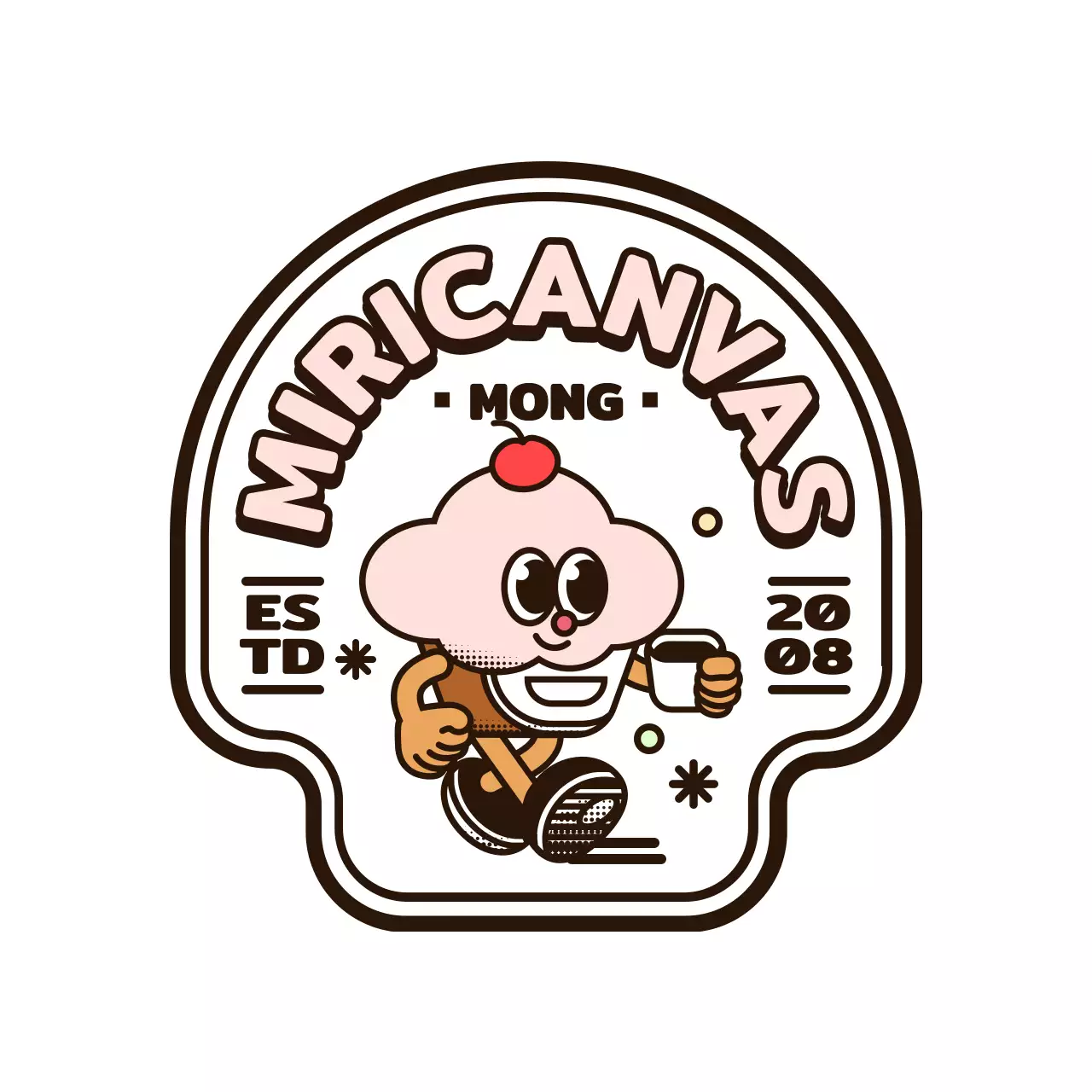 분홍색과 갈색의 둥글고 귀여운 컵케이크 캐릭터 로고 스타일 카페용