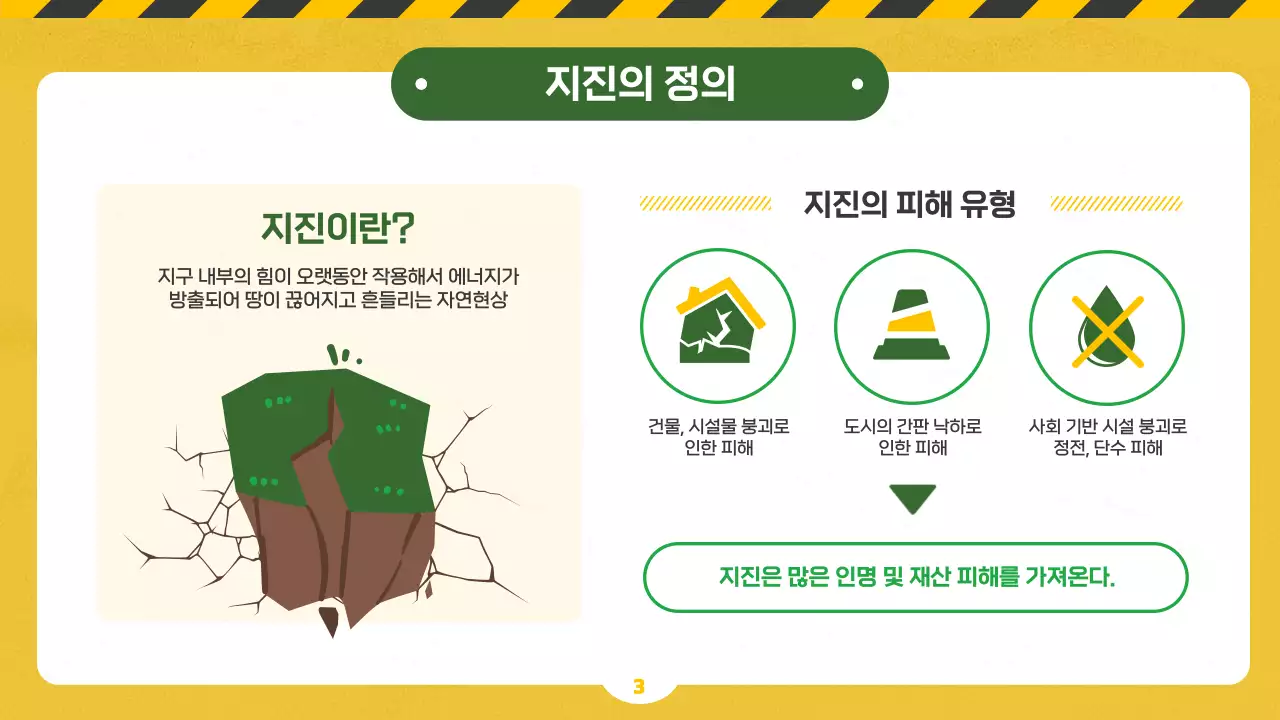 노랑과 초록 칠판 컨셉에 일러스트를 이용한 지진 및 재난 대비 안전 교육