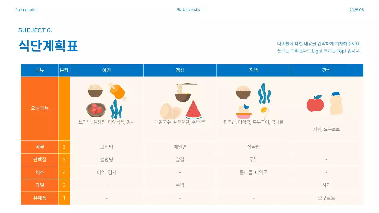 파란색과 주황색 사진 강조의 영양관리와 식단계획